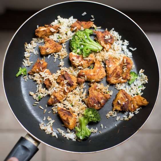 Chicken, Rice, and Broccoli in a pan