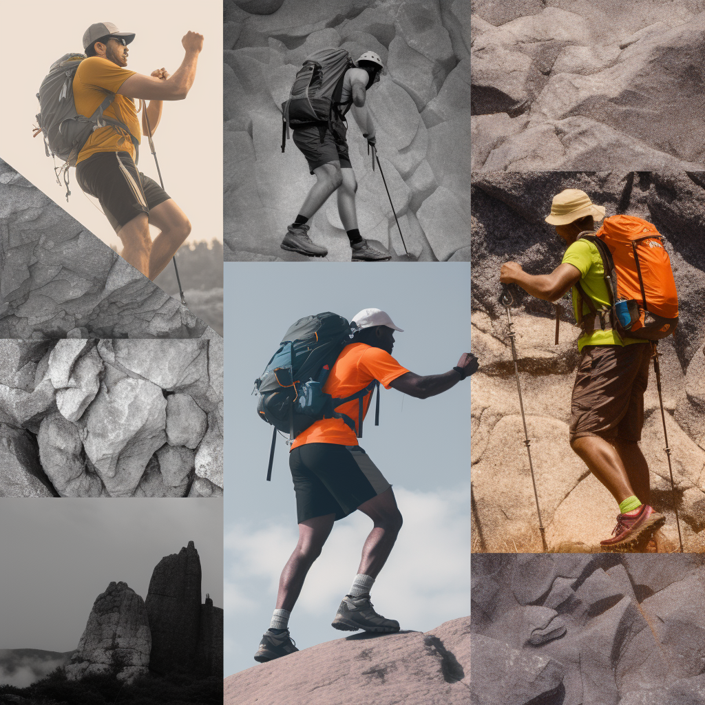 A collage of people hiking a mountain. Some are using equipment, others are walking. Lots of mountain scenery.