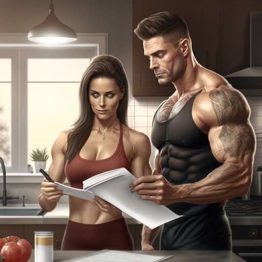 A cartoonized couple standing in a kitchen holding paper and pens, working on building out a fitness program