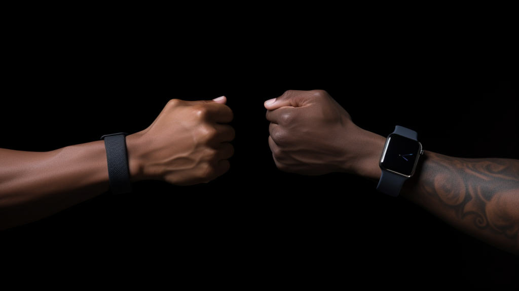 Two hands fist bumping, displaying wearable technology in the form of fitness trackers