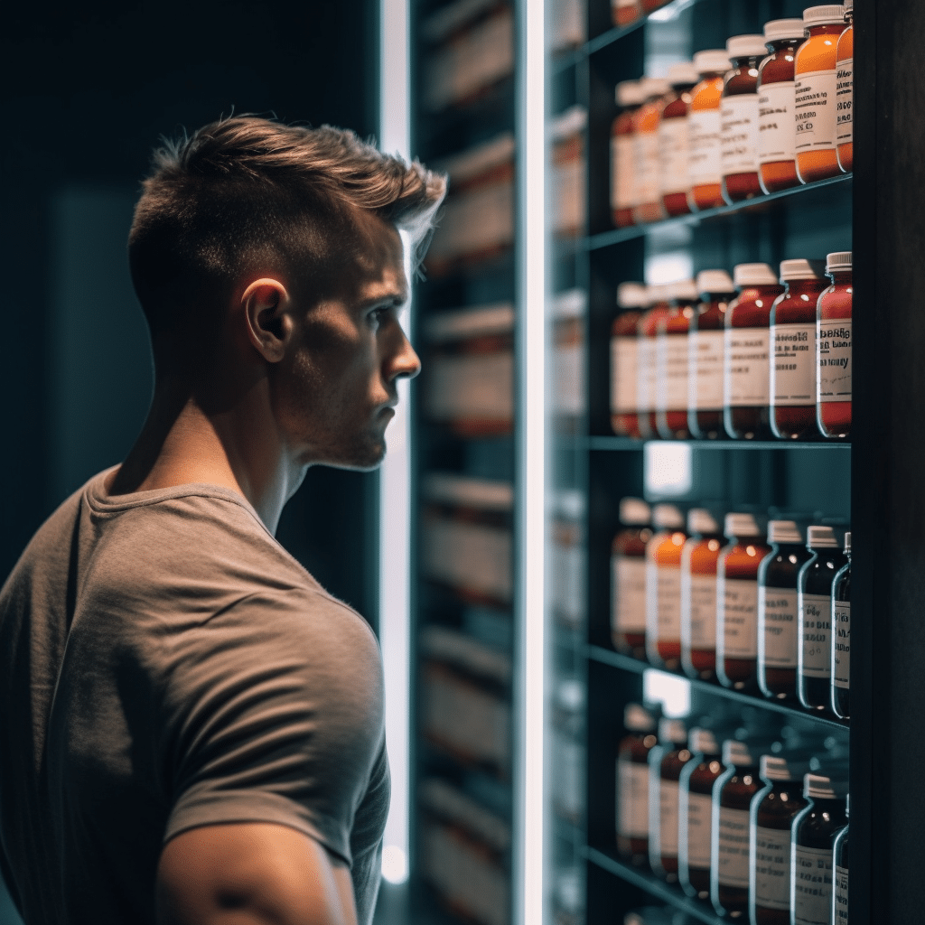 Man looking at a wall full of bottles