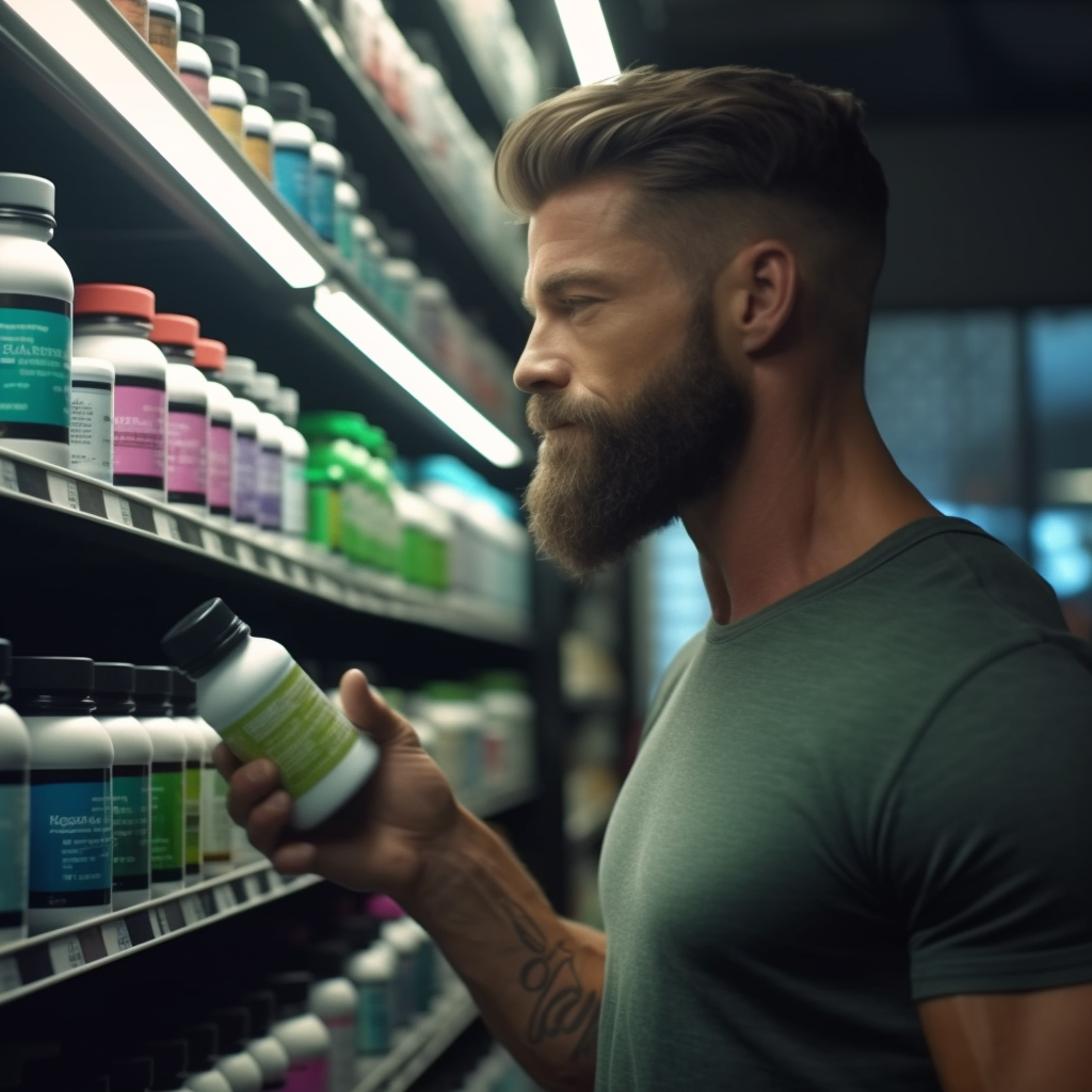 Man looking at a supplement wall holding a bottle of Ashwaghanda, pondering the benefits for stress relief