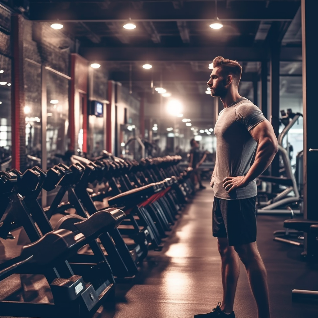 Man standing in the gym looking into the distance.