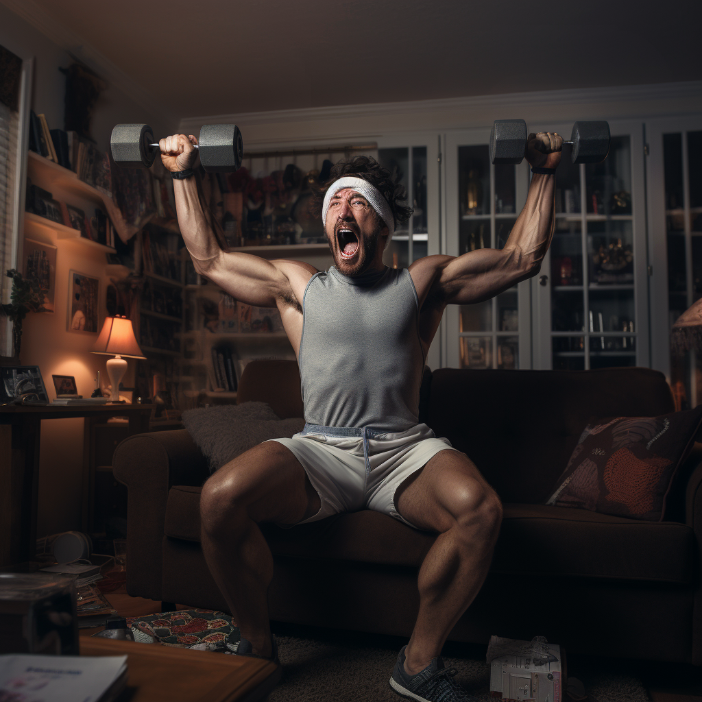 Guy lifting dumbbells on his couch