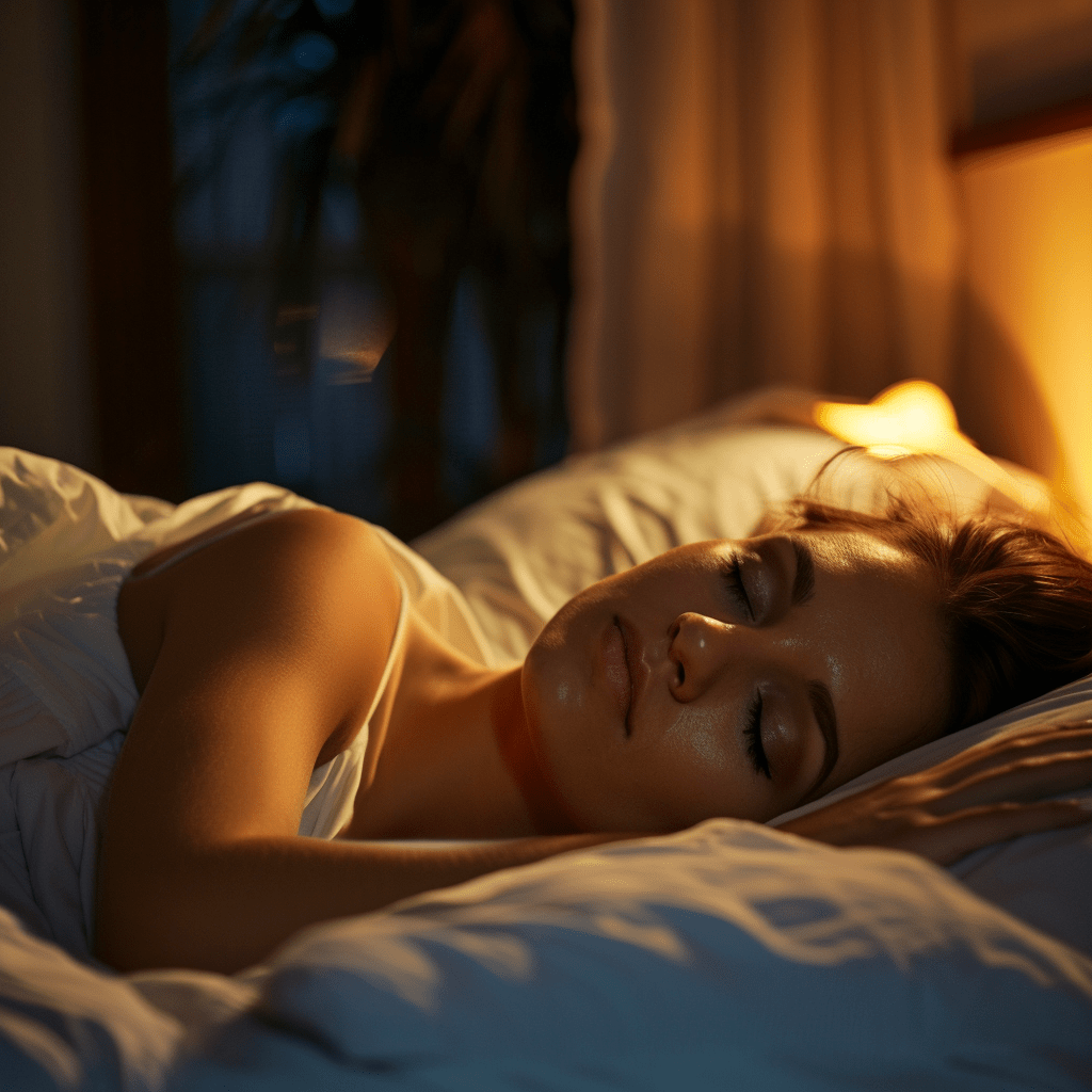 Woman sleeping comfortably at night.